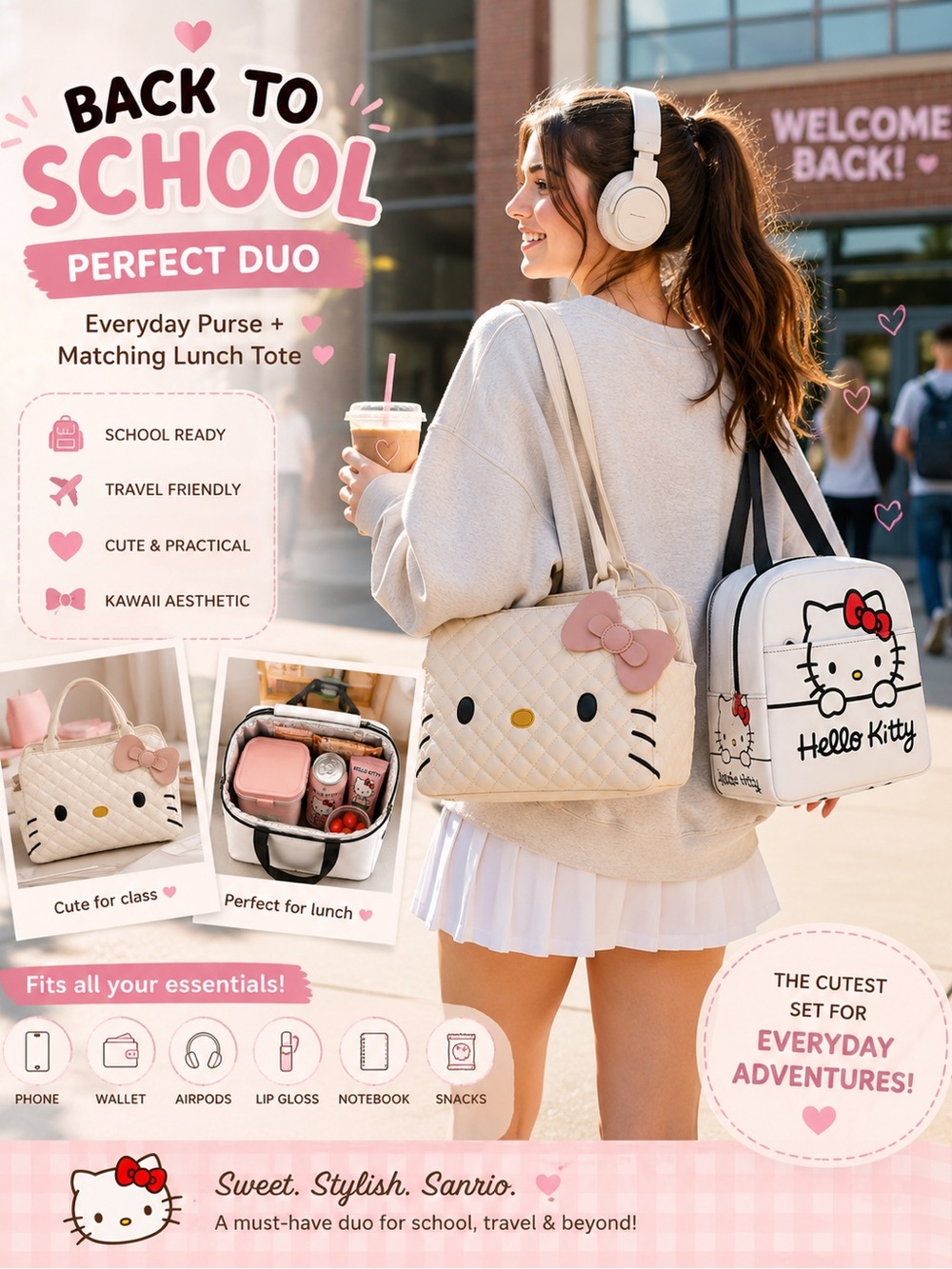 Hello Kitty Cream & Pink Quilted Satchel with Matching White Lunch Tote - Picture 2 of 9